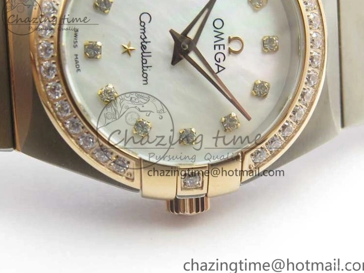 0212 NewStyle Constellation Ladies 27mm ZF 1:1 Best Edition SS RG White MOP Dial Diamonds Bezel & Markers on SS RG Bracelet ETA Quartz 7943